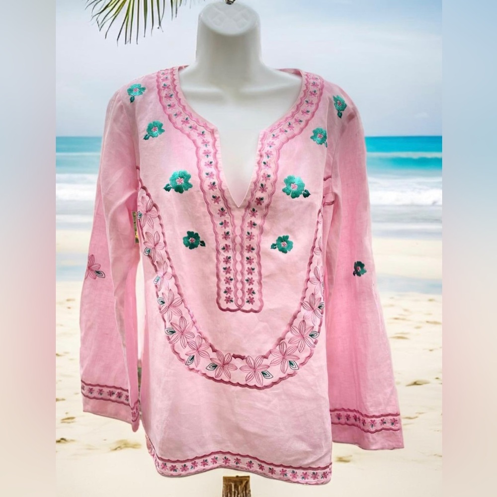 Linen Lilly Pulitzer Pink Embroidered Tunic